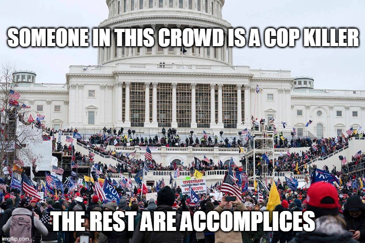 SOMEONE IN THIS CROWD IS A COP KILLER; THE REST ARE ACCOMPLICES | image tagged in capitol hill,riot | made w/ Imgflip meme maker