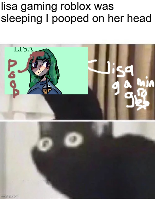 Oh No Black Cat | lisa gaming roblox was sleeping I pooped on her head | image tagged in oh no black cat | made w/ Imgflip meme maker