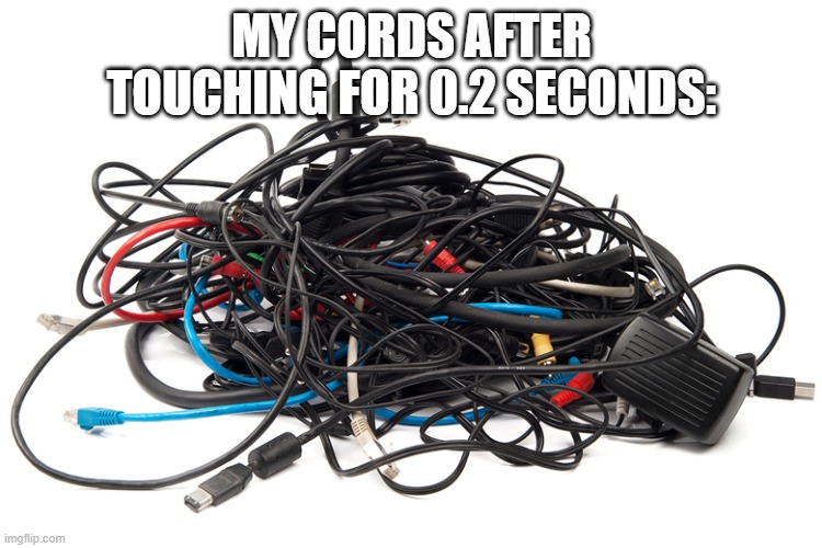Cords | MY CORDS AFTER TOUCHING FOR 0.2 SECONDS: | image tagged in meme | made w/ Imgflip meme maker