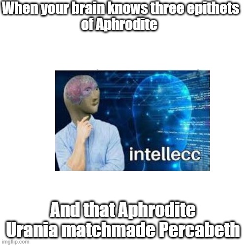 I just like Greek mytho | When your brain knows three epithets
of Aphrodite; And that Aphrodite Urania matchmade Percabeth | image tagged in memes,blank transparent square | made w/ Imgflip meme maker