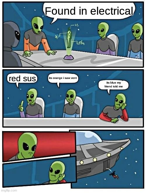 Alien Meeting Suggestion Meme | Found in electrical; its orange i saw vent; red sus; its blue my friend told me | image tagged in memes,alien meeting suggestion | made w/ Imgflip meme maker