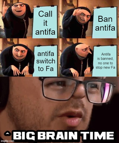 Cookie water | Call it antifa; Ban antifa; antifa switch to Fa; Antifa is banned, no one to stop new Fa | image tagged in memes,gru's plan | made w/ Imgflip meme maker