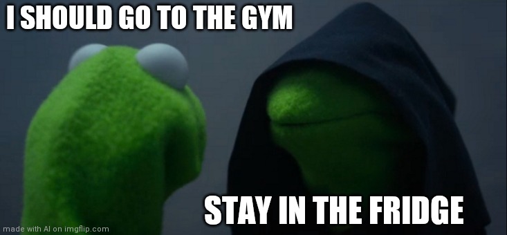 I don't even.... What? | I SHOULD GO TO THE GYM; STAY IN THE FRIDGE | image tagged in memes,evil kermit | made w/ Imgflip meme maker