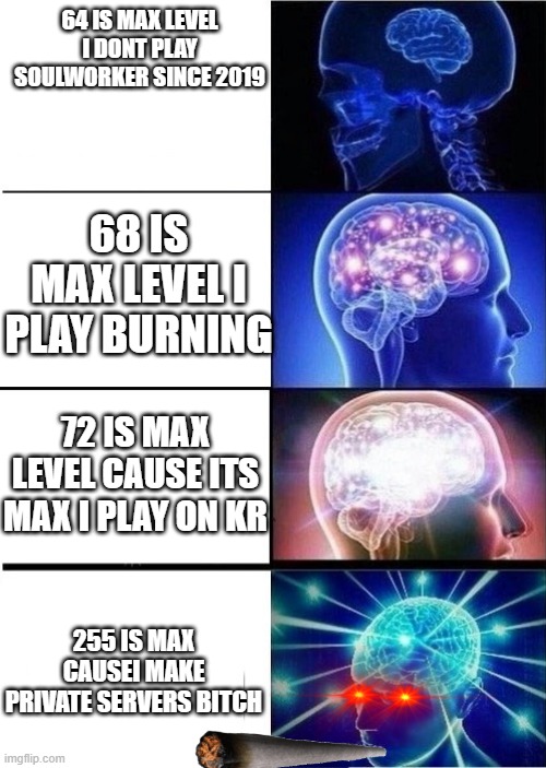 not much soulworkers know the actual levelcap is 255 | 64 IS MAX LEVEL I DONT PLAY SOULWORKER SINCE 2019; 68 IS MAX LEVEL I PLAY BURNING; 72 IS MAX LEVEL CAUSE ITS MAX I PLAY ON KR; 255 IS MAX CAUSEI MAKE PRIVATE SERVERS BITCH | image tagged in mind blown template | made w/ Imgflip meme maker