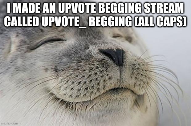 go check it out | I MADE AN UPVOTE BEGGING STREAM CALLED UPVOTE_ BEGGING (ALL CAPS) | image tagged in memes,satisfied seal,upvote begging | made w/ Imgflip meme maker