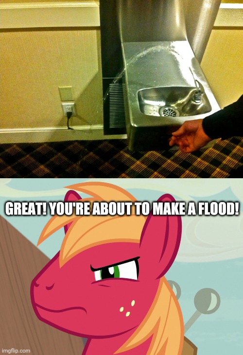 Oh, Jeez! That's gonna have a problem! | GREAT! YOU'RE ABOUT TO MAKE A FLOOD! | image tagged in jealousy big macintosh mlp,what the heck,you had one job,funny,water,task failed successfully | made w/ Imgflip meme maker