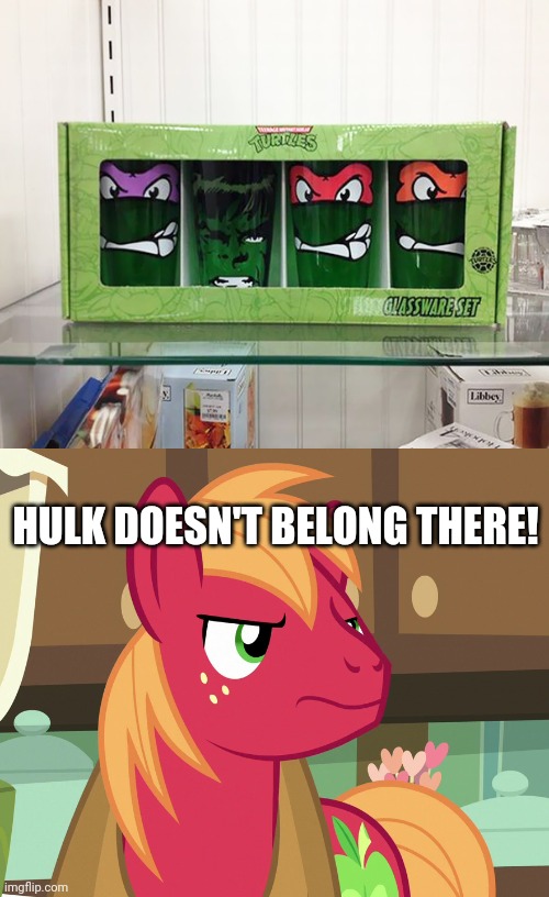 Why is Hulk on there?! | HULK DOESN'T BELONG THERE! | image tagged in big macintosh's not displeased mlp,you had one job,funny,teenage mutant ninja turtles,hulk,how the turntables | made w/ Imgflip meme maker