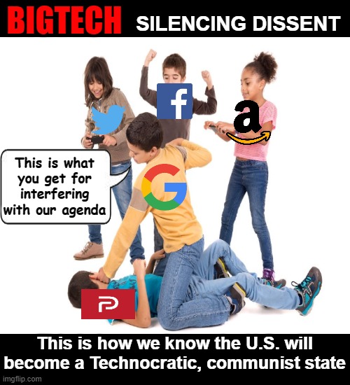 Big Tech will not let any business interfere with the establishments plans of transitioning into a communist styled technocracy | BIGTECH; SILENCING DISSENT; This is what you get for interfering with our agenda; This is how we know the U.S. will become a Technocratic, communist state | image tagged in technocracy,communist america,oligarchy,parler,bigtech,free speech | made w/ Imgflip meme maker