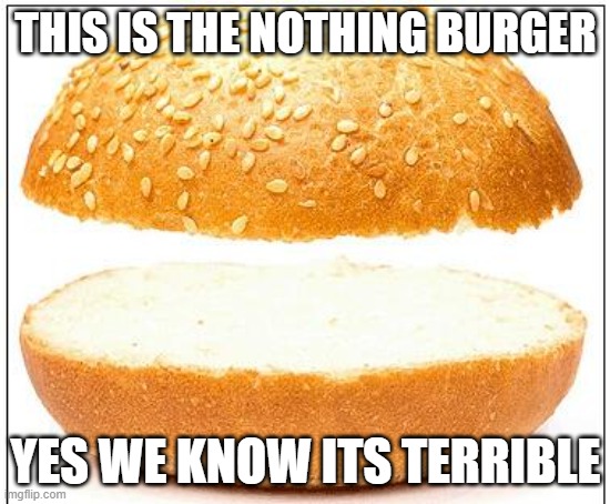 Nothing burger |  THIS IS THE NOTHING BURGER; YES WE KNOW ITS TERRIBLE | image tagged in nothing burger | made w/ Imgflip meme maker