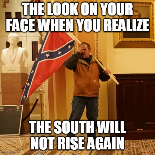 confederate flag guy | THE LOOK ON YOUR FACE WHEN YOU REALIZE; THE SOUTH WILL NOT RISE AGAIN | image tagged in confederate flag | made w/ Imgflip meme maker