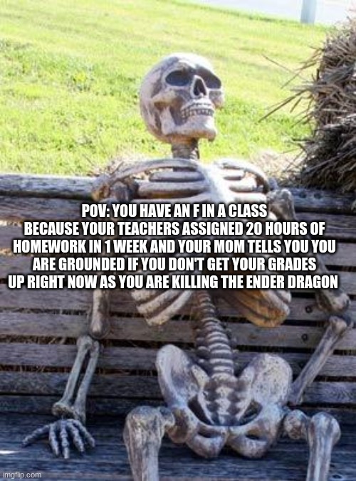Waiting Skeleton | POV: YOU HAVE AN F IN A CLASS BECAUSE YOUR TEACHERS ASSIGNED 20 HOURS OF HOMEWORK IN 1 WEEK AND YOUR MOM TELLS YOU YOU ARE GROUNDED IF YOU DON'T GET YOUR GRADES UP RIGHT NOW AS YOU ARE KILLING THE ENDER DRAGON | image tagged in memes,waiting skeleton,video games,gaming,minecraft,mom | made w/ Imgflip meme maker