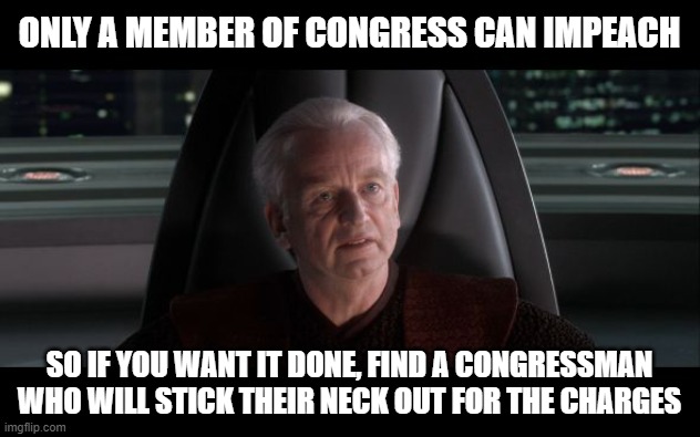Any member of Congress can call for an impeachment. | ONLY A MEMBER OF CONGRESS CAN IMPEACH; SO IF YOU WANT IT DONE, FIND A CONGRESSMAN WHO WILL STICK THEIR NECK OUT FOR THE CHARGES | image tagged in i am the senate | made w/ Imgflip meme maker