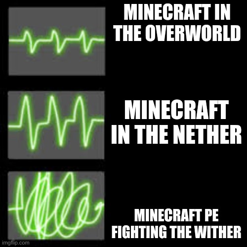 MINECRAFT IN THE OVERWORLD; MINECRAFT IN THE NETHER; MINECRAFT PE FIGHTING THE WITHER | image tagged in heartbeat rate,minecraft | made w/ Imgflip meme maker