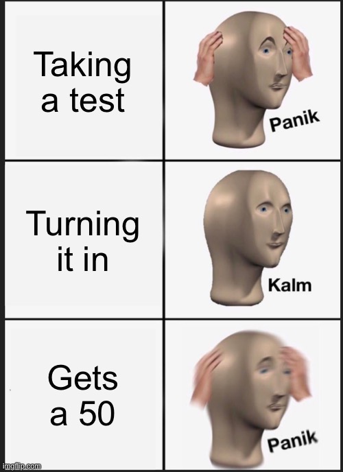 You understand | Taking a test; Turning it in; Gets a 50 | image tagged in memes,panik kalm panik | made w/ Imgflip meme maker