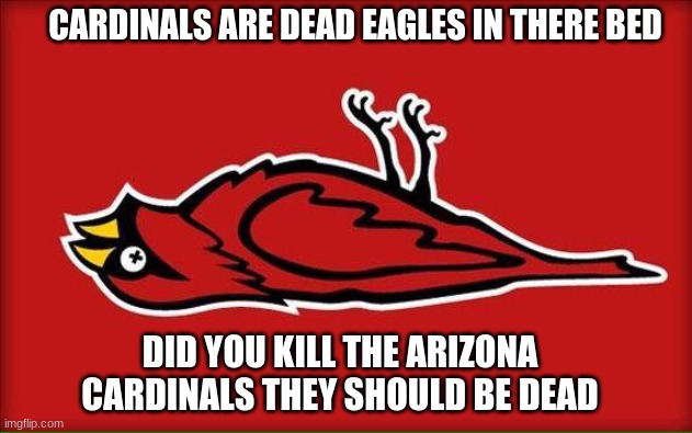 arizona cardnals | CARDINALS ARE DEAD EAGLES IN THERE BED; DID YOU KILL THE ARIZONA CARDINALS THEY SHOULD BE DEAD | image tagged in arizona cardinals | made w/ Imgflip meme maker