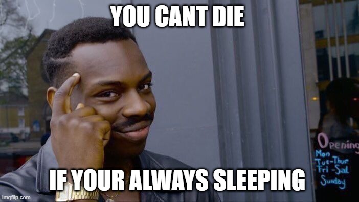 You cant die if your always sleeping | YOU CANT DIE; IF YOUR ALWAYS SLEEPING | image tagged in memes,roll safe think about it | made w/ Imgflip meme maker