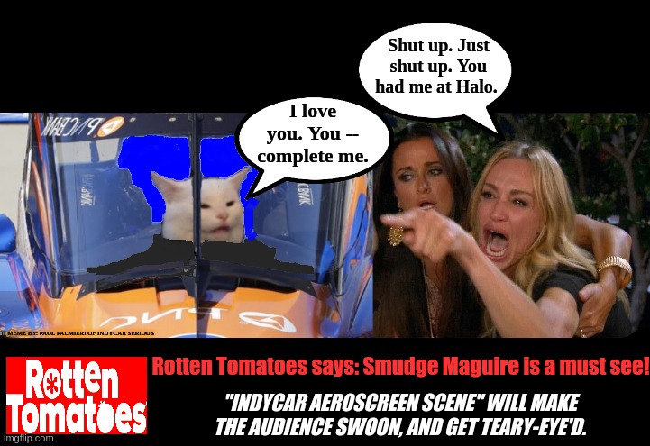 Smudge the Cat and the IndyCar aeroscreen-test. | image tagged in smudge the cat,woman yelling at smudge the cat,indycar series,indycar,jerry maguire,funny memes | made w/ Imgflip meme maker