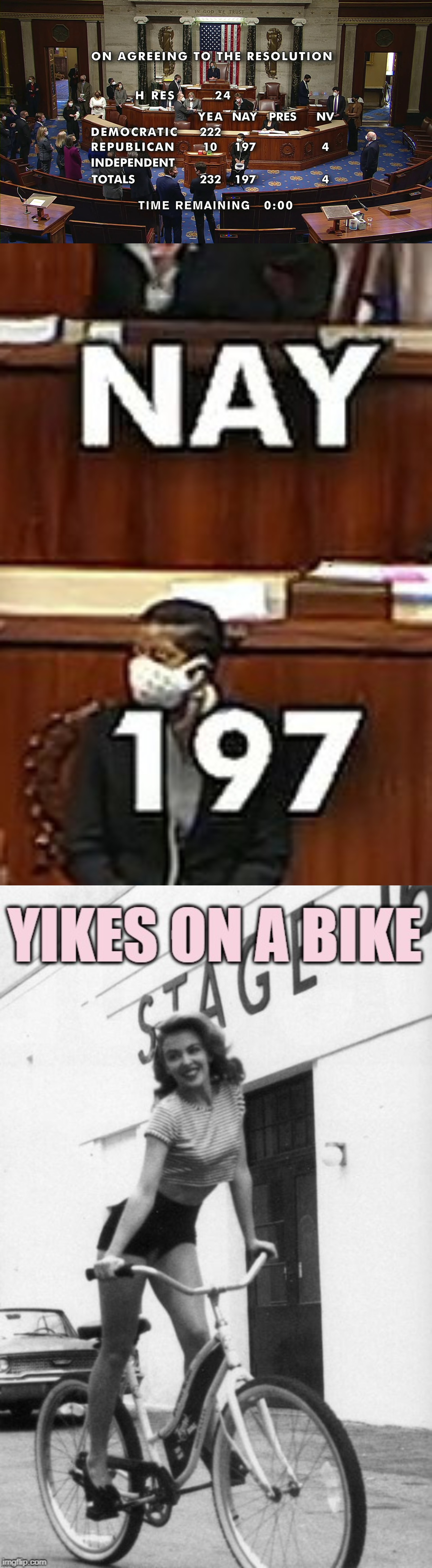 95+% of Republican congresspeople don’t think Jan. 6 was treasonous. Yowza | image tagged in house impeachment vote,kylie yikes on a bike | made w/ Imgflip meme maker