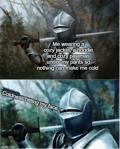 When u think you're immune to coldness | Me wearing a cozy jacket, a hoodie and cozy pajamas under my pants so nothing can make me cold; Coldness hitting my face | image tagged in knight with arrow in helmet | made w/ Imgflip meme maker