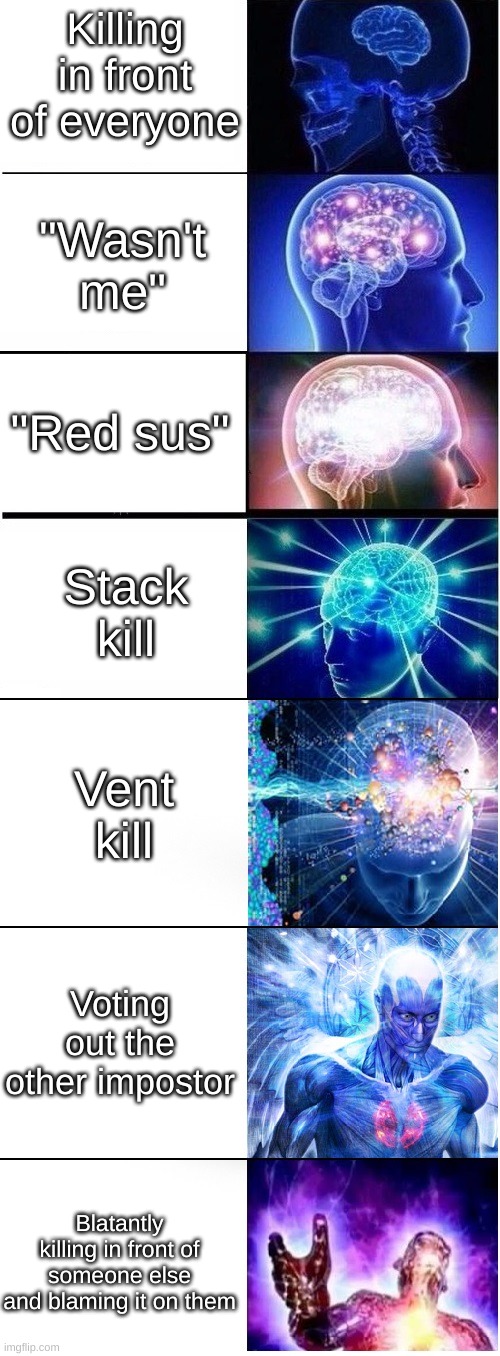 Expanding brain extended 2 | Killing in front of everyone; "Wasn't me"; "Red sus"; Stack kill; Vent kill; Voting out the other impostor; Blatantly killing in front of someone else and blaming it on them | image tagged in expanding brain extended 2,comicentralmemes,funny,among us | made w/ Imgflip meme maker