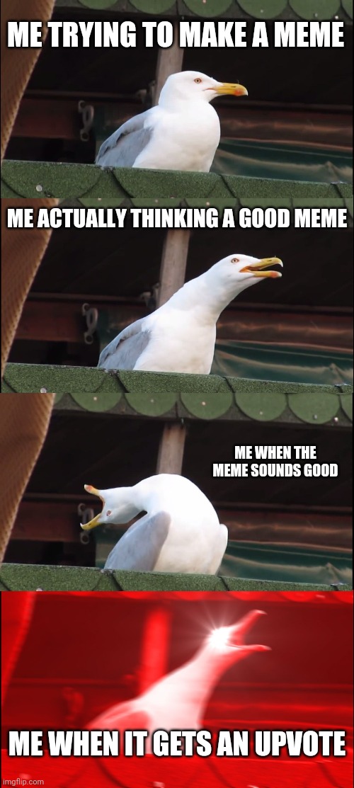 Is this a meme? | ME TRYING TO MAKE A MEME; ME ACTUALLY THINKING A GOOD MEME; ME WHEN THE MEME SOUNDS GOOD; ME WHEN IT GETS AN UPVOTE | image tagged in memes,inhaling seagull | made w/ Imgflip meme maker