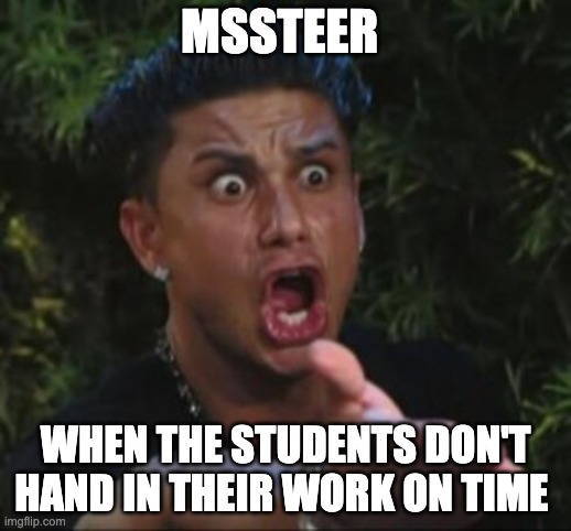 my meme | MSSTEER; WHEN THE STUDENTS DON'T HAND IN THEIR WORK ON TIME | image tagged in personal | made w/ Imgflip meme maker