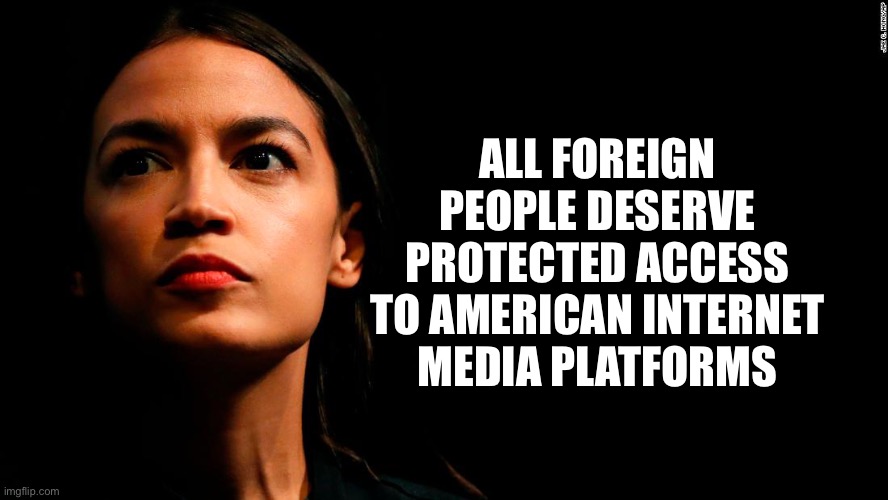 ocasio-cortez super genius | ALL FOREIGN PEOPLE DESERVE PROTECTED ACCESS TO AMERICAN INTERNET MEDIA PLATFORMS | image tagged in ocasio-cortez super genius | made w/ Imgflip meme maker