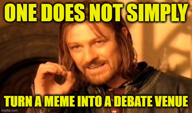 One Does Not Simply Meme | ONE DOES NOT SIMPLY TURN A MEME INTO A DEBATE VENUE | image tagged in memes,one does not simply | made w/ Imgflip meme maker