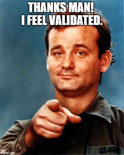 Bill Murray  | THANKS MAN!  I FEEL VALIDATED. | image tagged in bill murray | made w/ Imgflip meme maker