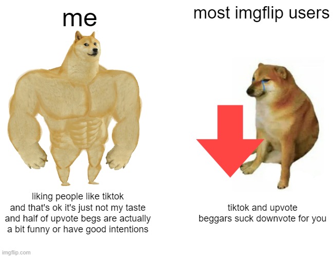 Buff Doge vs. Cheems | me; most imgflip users; liking people like tiktok and that's ok it's just not my taste and half of upvote begs are actually a bit funny or have good intentions; tiktok and upvote beggars suck downvote for you | image tagged in memes,buff doge vs cheems | made w/ Imgflip meme maker