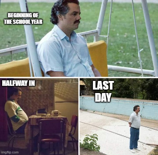 Sad Pablo Escobar | BEGINNING OF THE SCHOOL YEAR; HALFWAY IN; LAST DAY | image tagged in memes,sad pablo escobar | made w/ Imgflip meme maker