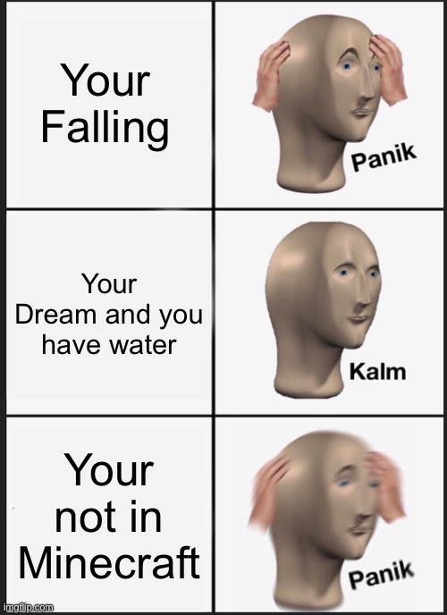 Dream is godly | Your Falling; Your Dream and you have water; Your not in Minecraft | image tagged in memes,panik kalm panik | made w/ Imgflip meme maker