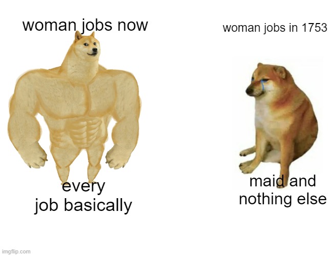 Buff Doge vs. Cheems | woman jobs now; woman jobs in 1753; every job basically; maid and nothing else | image tagged in memes,buff doge vs cheems | made w/ Imgflip meme maker