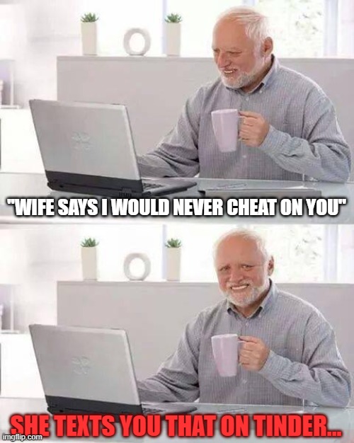 Hide the Pain Harold Meme | ''WIFE SAYS I WOULD NEVER CHEAT ON YOU''; SHE TEXTS YOU THAT ON TINDER... | image tagged in memes,hide the pain harold | made w/ Imgflip meme maker