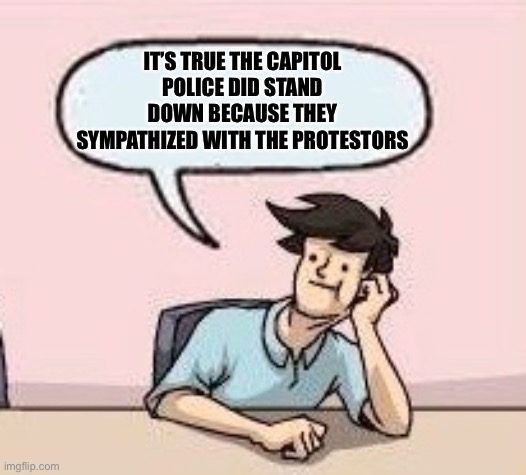 Boardroom Suggestion Guy | IT’S TRUE THE CAPITOL POLICE DID STAND DOWN BECAUSE THEY SYMPATHIZED WITH THE PROTESTORS | image tagged in boardroom suggestion guy | made w/ Imgflip meme maker