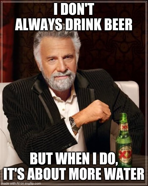 The Most Interesting Man In The World | I DON'T ALWAYS DRINK BEER; BUT WHEN I DO, IT'S ABOUT MORE WATER | image tagged in memes,the most interesting man in the world | made w/ Imgflip meme maker