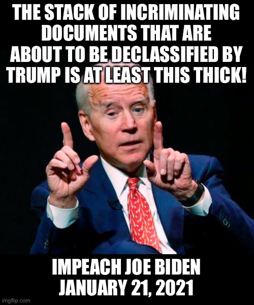 Impeach Joe Biden | THE STACK OF INCRIMINATING DOCUMENTS THAT ARE ABOUT TO BE DECLASSIFIED BY TRUMP IS AT LEAST THIS THICK! IMPEACH JOE BIDEN
JANUARY 21, 2021 | image tagged in joe biden,russiagate,ukraine,impeachment | made w/ Imgflip meme maker
