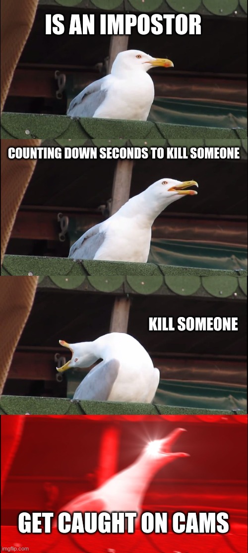 Inhaling Seagull | IS AN IMPOSTOR; COUNTING DOWN SECONDS TO KILL SOMEONE; KILL SOMEONE; GET CAUGHT ON CAMS | image tagged in memes,inhaling seagull | made w/ Imgflip meme maker