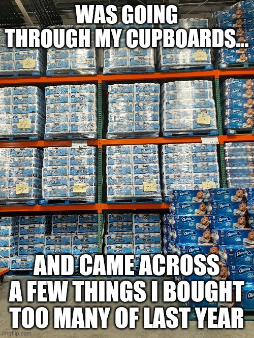 Too much toilet paper | WAS GOING THROUGH MY CUPBOARDS... AND CAME ACROSS A FEW THINGS I BOUGHT TOO MANY OF LAST YEAR | image tagged in toilet paper | made w/ Imgflip meme maker