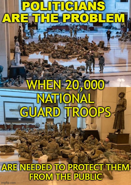 Politicians Are The Problem When 20,000 National Guard Troops Are Needed To Protect Them From The Public |  POLITICIANS ARE THE PROBLEM; WHEN 20,000 NATIONAL GUARD TROOPS; ARE NEEDED TO PROTECT THEM FROM THE PUBLIC | image tagged in civil war 2 0 has arrived | made w/ Imgflip meme maker