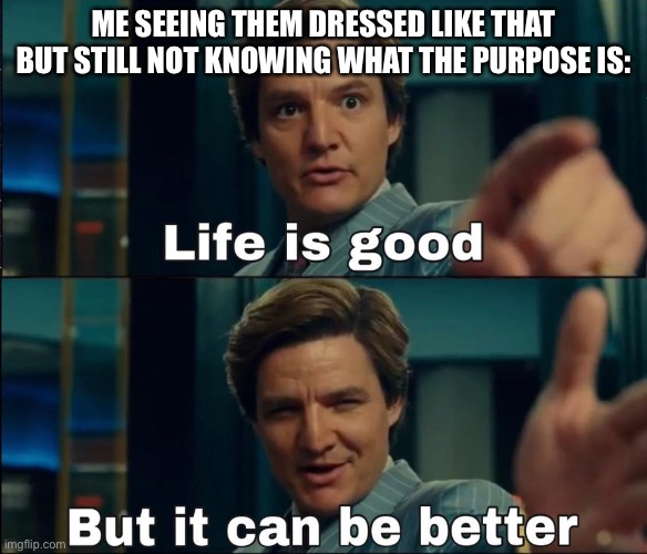 Life is good but it can be better | ME SEEING THEM DRESSED LIKE THAT BUT STILL NOT KNOWING WHAT THE PURPOSE IS: | image tagged in life is good but it can be better | made w/ Imgflip meme maker