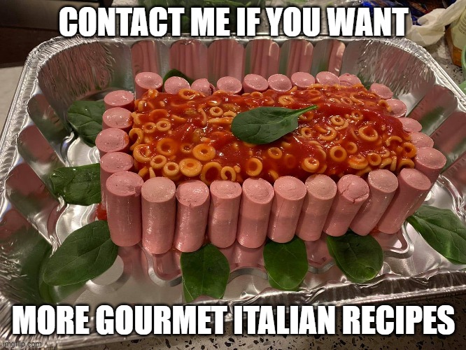 spaghettios | CONTACT ME IF YOU WANT; MORE GOURMET ITALIAN RECIPES | image tagged in spaghettios | made w/ Imgflip meme maker