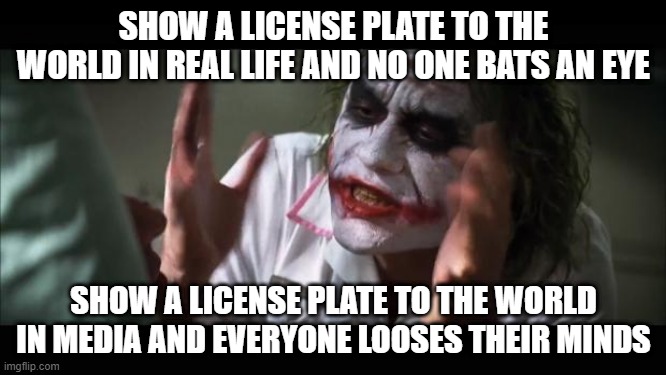 And everybody loses their minds Meme | SHOW A LICENSE PLATE TO THE WORLD IN REAL LIFE AND NO ONE BATS AN EYE; SHOW A LICENSE PLATE TO THE WORLD IN MEDIA AND EVERYONE LOOSES THEIR MINDS | image tagged in memes,and everybody loses their minds | made w/ Imgflip meme maker