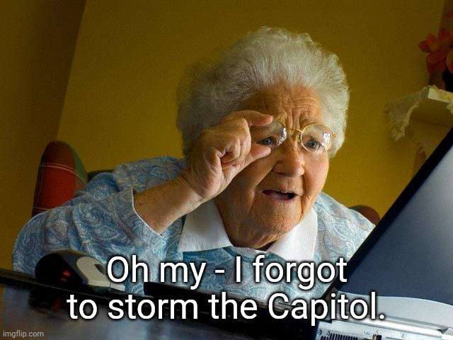 Watch out folks...insurrectionists are looming everywhere.... | Oh my - I forgot to storm the Capitol. | image tagged in memes,grandma finds the internet | made w/ Imgflip meme maker