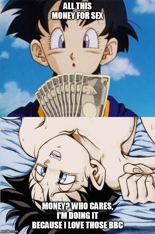 videl zenni | ALL THIS MONEY FOR SEX; MONEY? WHO CARES, I'M DOING IT BECAUSE I LOVE THOSE BBC | image tagged in videl zenni | made w/ Imgflip meme maker