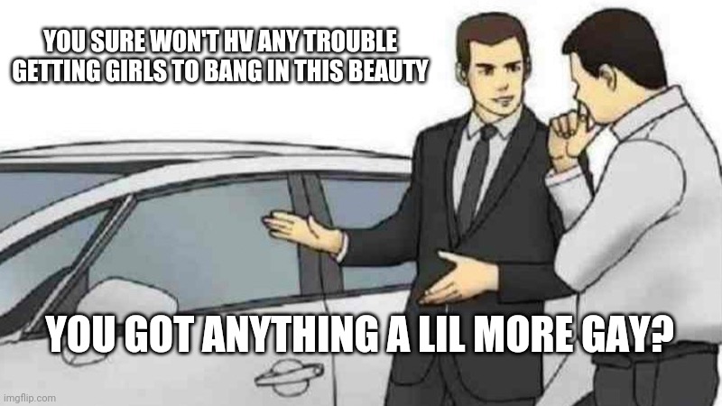 Car Salesman Slaps Roof Of Car Meme | YOU SURE WON'T HV ANY TROUBLE GETTING GIRLS TO BANG IN THIS BEAUTY; YOU GOT ANYTHING A LIL MORE GAY? | image tagged in memes,car salesman slaps roof of car | made w/ Imgflip meme maker