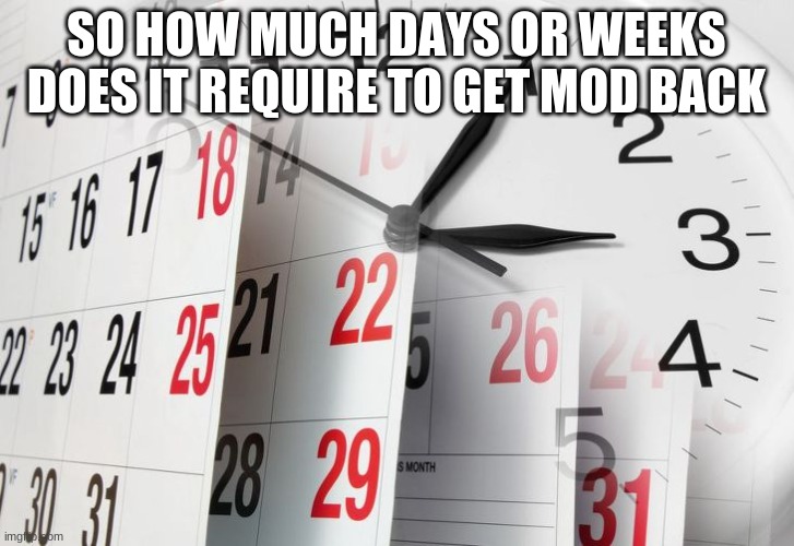 i lost track | SO HOW MUCH DAYS OR WEEKS DOES IT REQUIRE TO GET MOD BACK | image tagged in time clock calendar | made w/ Imgflip meme maker