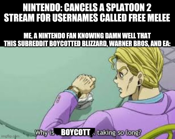 I was expecting something bigger | NINTENDO: CANCELS A SPLATOON 2 STREAM FOR USERNAMES CALLED FREE MELEE; ME, A NINTENDO FAN KNOWING DAMN WELL THAT THIS SUBREDDIT BOYCOTTED BLIZZARD, WARNER BROS, AND EA:; BOYCOTT | image tagged in why is heart attack taking so long,nintendo | made w/ Imgflip meme maker