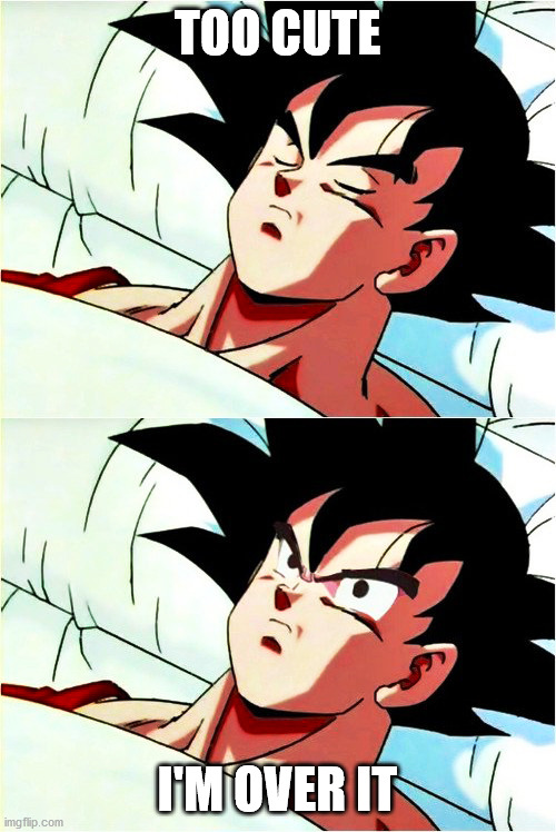 goku sleeping wake up | TOO CUTE I'M OVER IT | image tagged in goku sleeping wake up | made w/ Imgflip meme maker