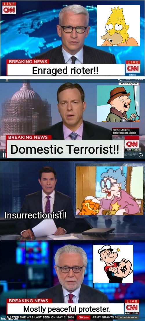 MSM reports on cartoons... | Enraged rioter!! Domestic Terrorist!! Insurrectionist!! Mostly peaceful protester. | image tagged in cnn fake news,cnn breaking news template,politics | made w/ Imgflip meme maker